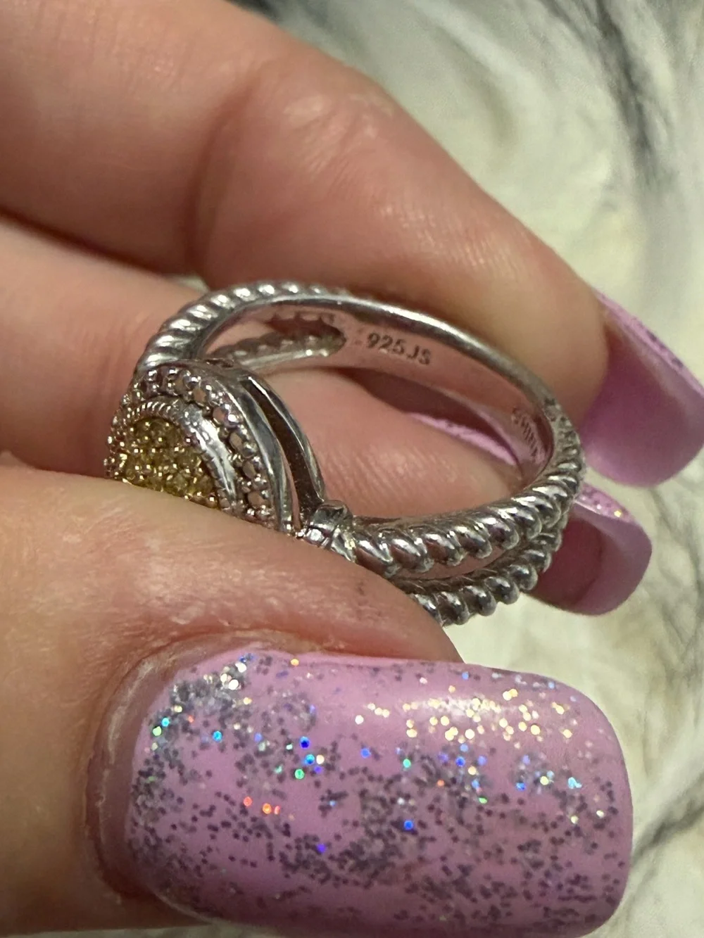 Sterling Silver Yellow & White Diamond Statement Ring Size 7